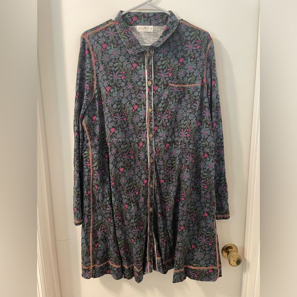 Natural Life Christa Knit Cotton Prairie Mini Dress - Dark Blue Garden in Sz L